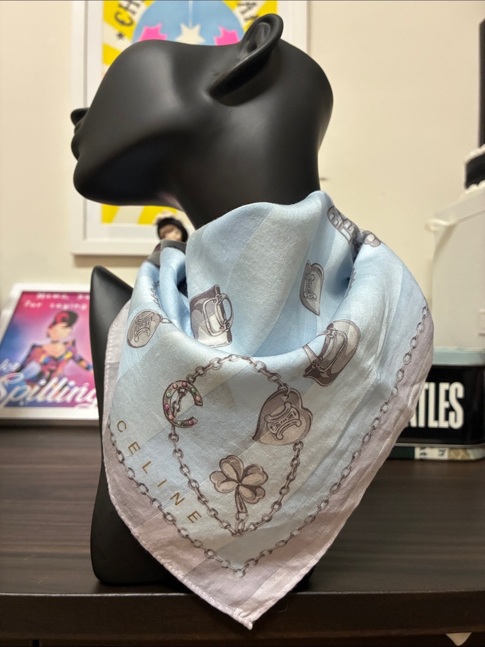 Celine Y2K Light Blue Silk-Blend Logo Print Bandana Scarf